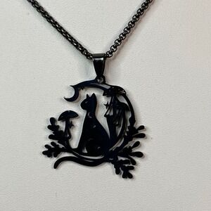 Black Cat Mushroom Moon Crescent Pendant Necklace Gothic Halloween Gift 23in New